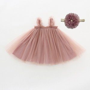 Dusty Pink Tulle Girl Dress Outfit Clothes Dress Flower Girl Smash Cake Headband